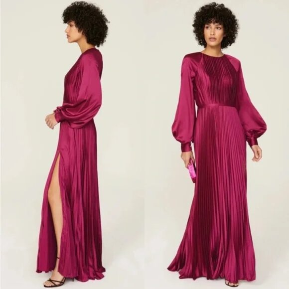 Mac Duggal 26590 Size 16 Berry Pink Pleated Long Blouson Sleeve Maxi Dress Gown - Picture 2 of 2